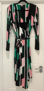 M&S Collection Wrap Midi Dress Geometric Green Pink Black Longsleeved Size 14 - Picture 1 of 6