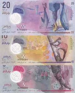 ISLAS MALDIVAS LOTE 3 PCS. 5-10-20 RUFIYAA 2015-2017 "POLYMER" SC / UNC - Zdjęcie 1 z 2