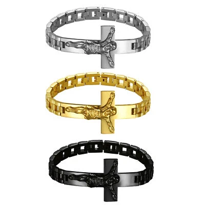 Mens Stainless Steel Religious Christ Jesus Cross  Bracelet Chain Wristband Gift - Image 1 of 2