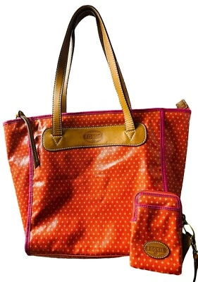 Bolso de Mano Fossil Key-Per Shopper Coral Diamante Recubierto de Lona Cartera con Cartera Nuevo Foto 1 de 4