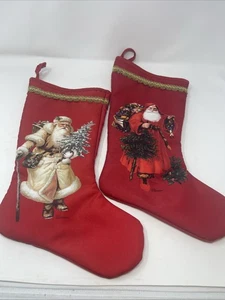 Vintage Weihnachten alte Welt Santa Strümpfe von TLC Rennoc rot Goldrand 2 Stück - Bild 1 von 9