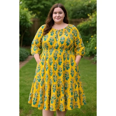 eShakti Womens 2X 3X Yellow Floral Tiered Peasant Cottagecore Smocked Midi Dress - Image 1 of 4