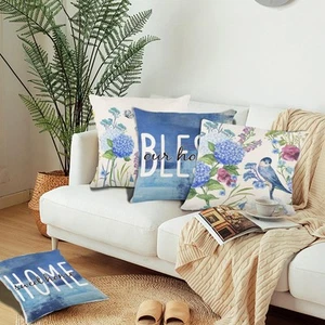 4 Packs Spring Summer Throw Pillow Covers, Blue Hydrangea, Dark Blue Cushion ... - Picture 1 of 7