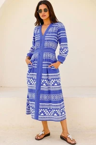 New Aspiga Jamila Jacquard Dress Blue White Summer Midi UK XS RRP £185 Geometric - Picture 1 of 24
