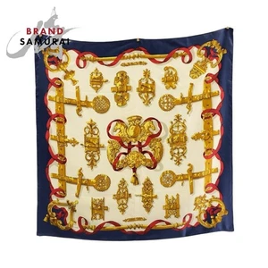 HERMES Ferronnuri Ironwork He 90 Scarf Large Scarf Blue Gold White silk Used 10K - Picture 1 of 4
