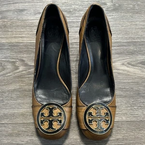 Mocassino Tory Burch donna 9,5 Maddie pelle marrone décolleté tacco a blocco preppy - Foto 1 di 12