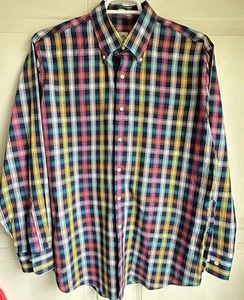 Peter Millar Golf Dress Shirt Mens Large Blue Pink White Yellow Turquoise Plaid - Imagen 1 de 6
