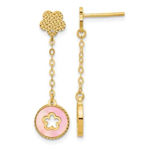 14K Solid Yellow Gold Beaded Pink White Mother of Pearl Flowers Post Dangle ... - Picture 1 of 3