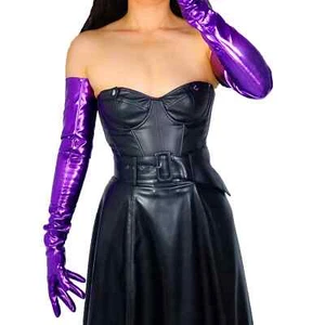 Winter Women's Leather Gloves Purple Shine Faux Patent LATEX Costume Christmas - Picture 1 of 13