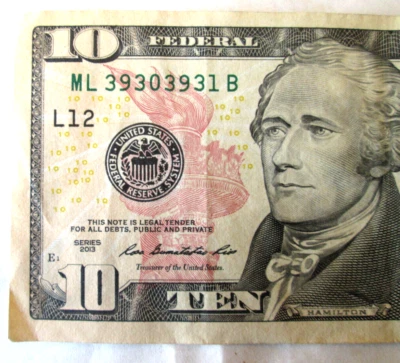 2013 $10 FRN, SEMI REPEATER FANCY S/N ML39303931B, CRISP, AU, CIRCULATED - Image 1 of 3