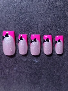 Custom Gel Press on Nails Handmade 10 pc set SMALL Neon Pink Black Bow - Picture 1 of 5