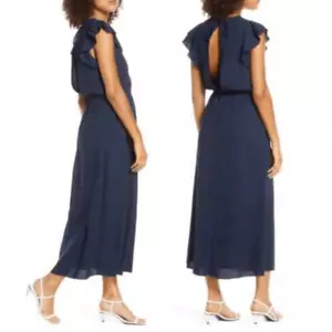 Abito Elizabeth Crosby Bishop + Young Mia con volant blu navy aperto dietro taglia large - Foto 1 di 7