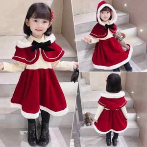 Winter Christmas Dress Girls Velvet Cloak+Flared Dress Children Kids Christmas - Picture 1 of 23
