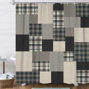 Buffalo Plaid Shower Curtain Brown Tan Plaid Primitive Patckwork Gingham Bath... - Picture 1 of 8