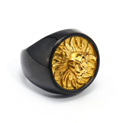 Винтажное кольцо с круглой печаткой с головой льва из нержавеющей стали кольцо с королем львом черное золото - Изображение 1 из 2