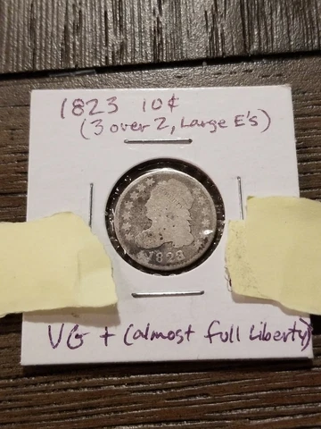 1823 Capped Bust Dime VG+ almost full Liberty, large E's, 3 over 2 Cover