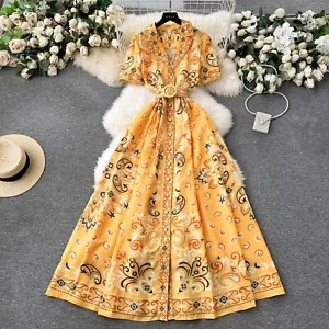 Summer Vintage Notched Collar Runway Linen Dress Women Short Sleeve Single - Picture 1 of 9