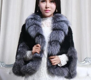 100% Real Black Knitted Mink Fur Silver Fox Collar Cape Stole Shawl Scarf Coat - Picture 1 of 5