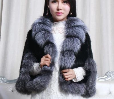 100% Real Black Knitted Mink Fur Silver Fox Collar Cape Stole Shawl Scarf Coat - Image 1 of 4