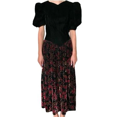 Vestido de fiesta floral de terciopelo negro y rosa Jessica McClintock vintage para mujer talla 7 Foto 1 de 4