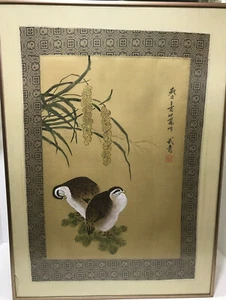 Antiguo De Colección Enmarcado Chino Pintura de Seda Tapiz Borde Pájaros Sello Rollo - Imagen 1 de 12