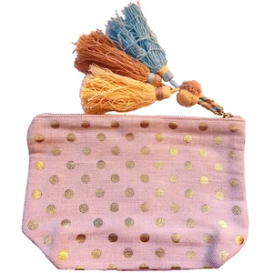 SHIRALEAH Zip Pouch Kosmetik Clutch Handtasche Quaste Bommel Etui hellbraun gold gepunktet - Bild 1 von 4