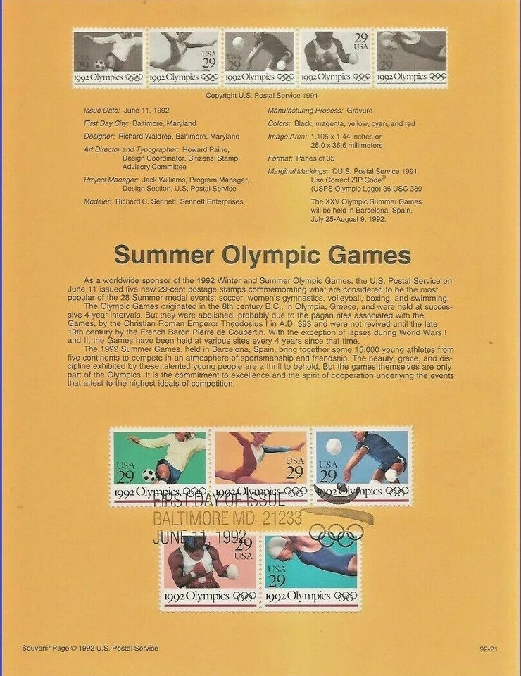 JOGOS OLÍMPICOS DE VERÃO 1992 #2637-41 USPS FD página de lembrança FUTEBOL BOXE NATAÇÃO - Imagem 1 de 1