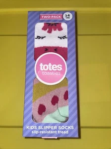 Totes Toasties Kids Slipper Socks W/ Tread Pink Hearts & Pink Unicorn 3-6 Yr - Picture 1 of 3