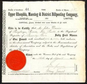 Upper Rhondda, Maesteg & District Billposting Company Limited, acciones de £1, 1913 - Imagen 1 de 1