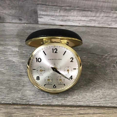 Vintage Westclox Japan Alarm Wound Up Small Display Desk Watch Clock Time Zones Cover