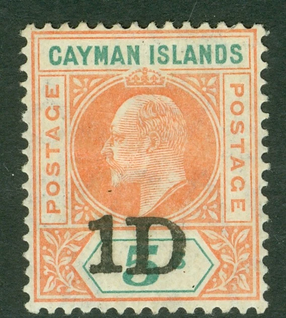 SG 19 Islas Caimán 1907 1d sobre 5 salmón y verde muy ligeramente montado como nuevo Foto 1 de 1