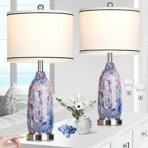 26" Coastal Glass Table Lamps Set of 2,Nautical lamp with USB A+C Ports & AC ... - Picture 1 of 7