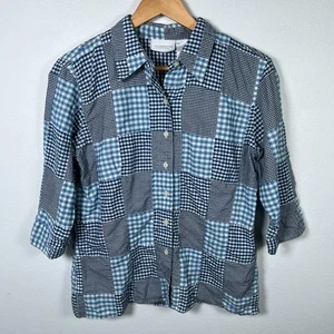 Vintage Womens Madras Button Down Shirt M Patchwork Prairie Country Blue Check - Picture 1 of 13