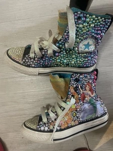 CONVERSE ALL STAR GIRLS SIZE  12 CUSTOM RHINESTONES THE LITTLE MERMAID SHOES *💎 - Picture 1 of 18
