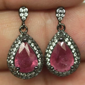 925 Silver 6 x 9 mm. Red Ruby & Zircon Jewelry Earrings Black Gold Coated - Picture 1 of 4