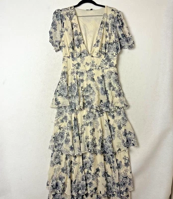 Baltic Born Montaigne Ruffle Maxi Dress Sz XL blue Ivory Floral Tiered V Neck - Image 1 of 4