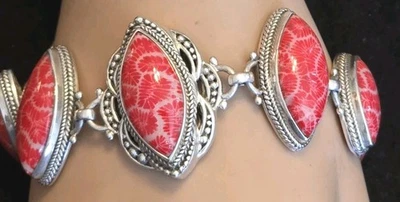 PULSERA de plata esterlina vintage Sarda Bali con rojo fosilizado 50,2 g  Foto 1 de 4