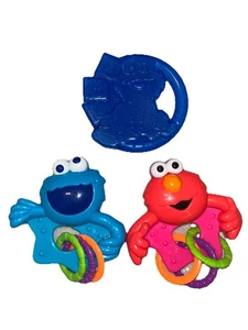 Lot Of 3 Sesame Street Baby Rattles With Rings ELMO & Cookie Monster - Picture 1 of 4