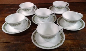 Hook Cups Saucers Set of 6 Corelle Crazy Daisy Green White Corning Ware Dishes - Picture 1 of 5