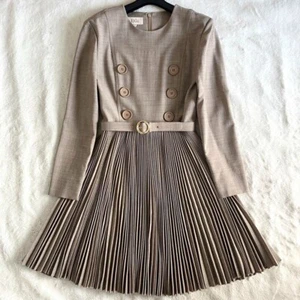 Christian Dior Miss Dior Wool Vtg Longsleeve Belted Pleated Skirt Dress M Beige - Picture 1 of 20