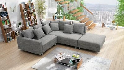 Wohnlandschaft Sofa Couch Ecksofa Eckcouch Gewebestoff hellgrau + Hocker Minsk R - Bild 1 von 4