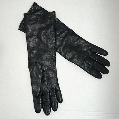 Vtg Ladies Black Kid Leather Gloves Long Size 6.5 Cashmere Knit Lining Soft - Image 1 of 4