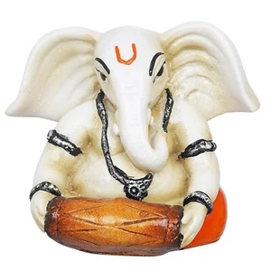 White & Orange Polyresin Handcrafted Lord Ganesha Idol Playing Dholak Musical In - Picture 1 of 7