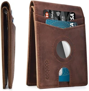 doeboe Wallet, Men's Wallet with Airtag Holder Genuine Leather Bifold Slim Brown - Picture 1 of 10