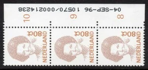 NETHERLANDS MNH 1991 SG1595 Beatrix 80c Dated Strip of 3, 4-Sept-96 - Picture 1 of 1