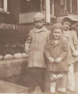 1940s Three Boys Easter Basket Hats Happy Childhood Friends Portrait - Picture 1 of 3