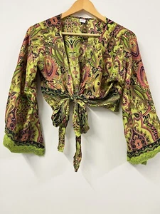 Green Top Shrug Bolero Cropped Hippie Festival Indian Boho Vintage Lime Silk - Picture 1 of 19