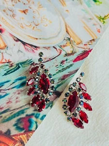 Christian Dior 1958 Iridescent Ruby Crystals Floral Wing Feather Clip Earrings - Picture 1 of 13