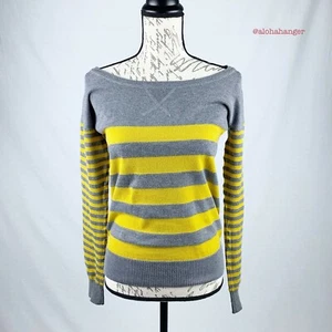 Poof Excellence Stretchy Women's S Gray Yellow Striped Lightweight Knit Sweater! - Picture 1 of 7