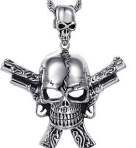 Mens Stainless Steel Motorcycle Biker Double Gun Warrior Skull Pendant Necklace - Picture 1 of 9